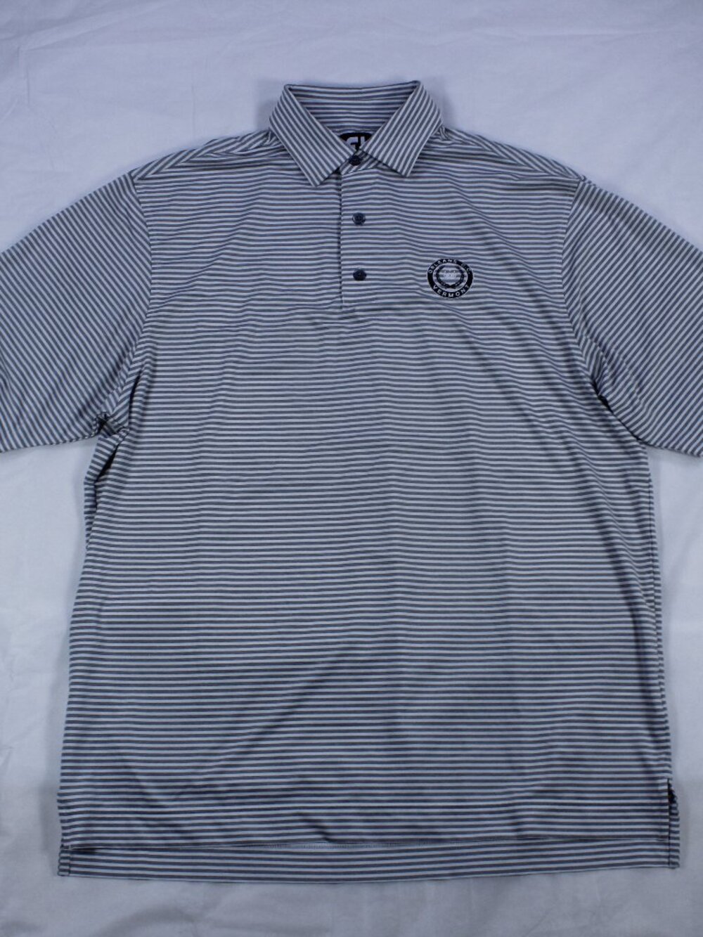 FootJoy (FJ) Golf Polo – Orleans CC Vermont – Size L – Gray / White Stripes